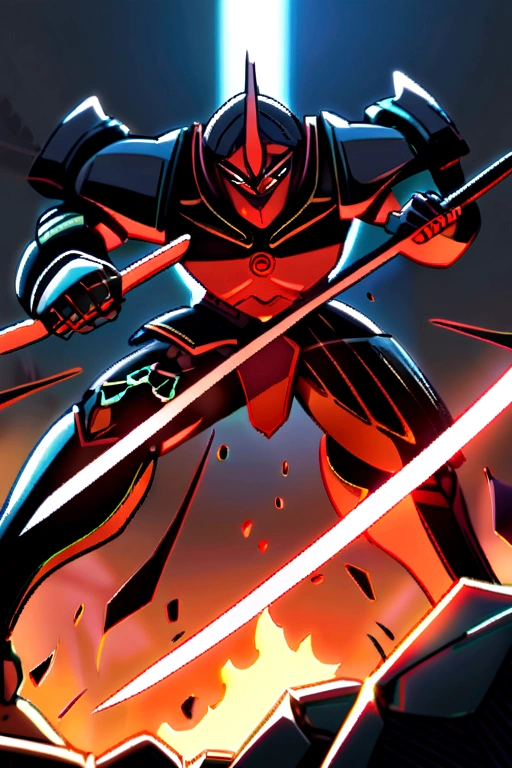 A robot knight with Dayak characteristics is splitting rocks with the power of his saber