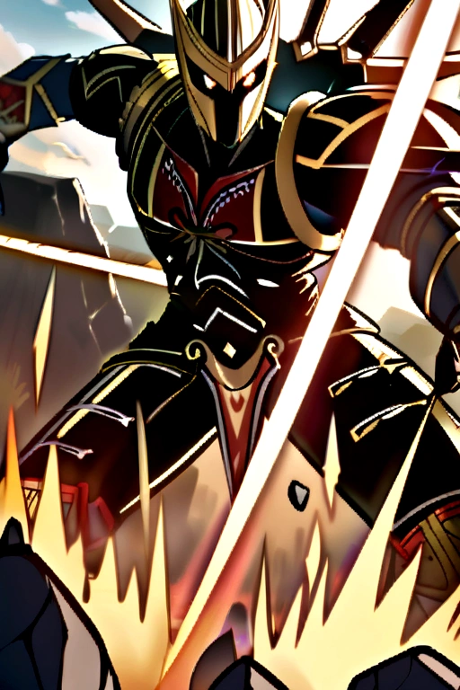 A robot knight with Dayak characteristics is splitting rocks with the power of his saber