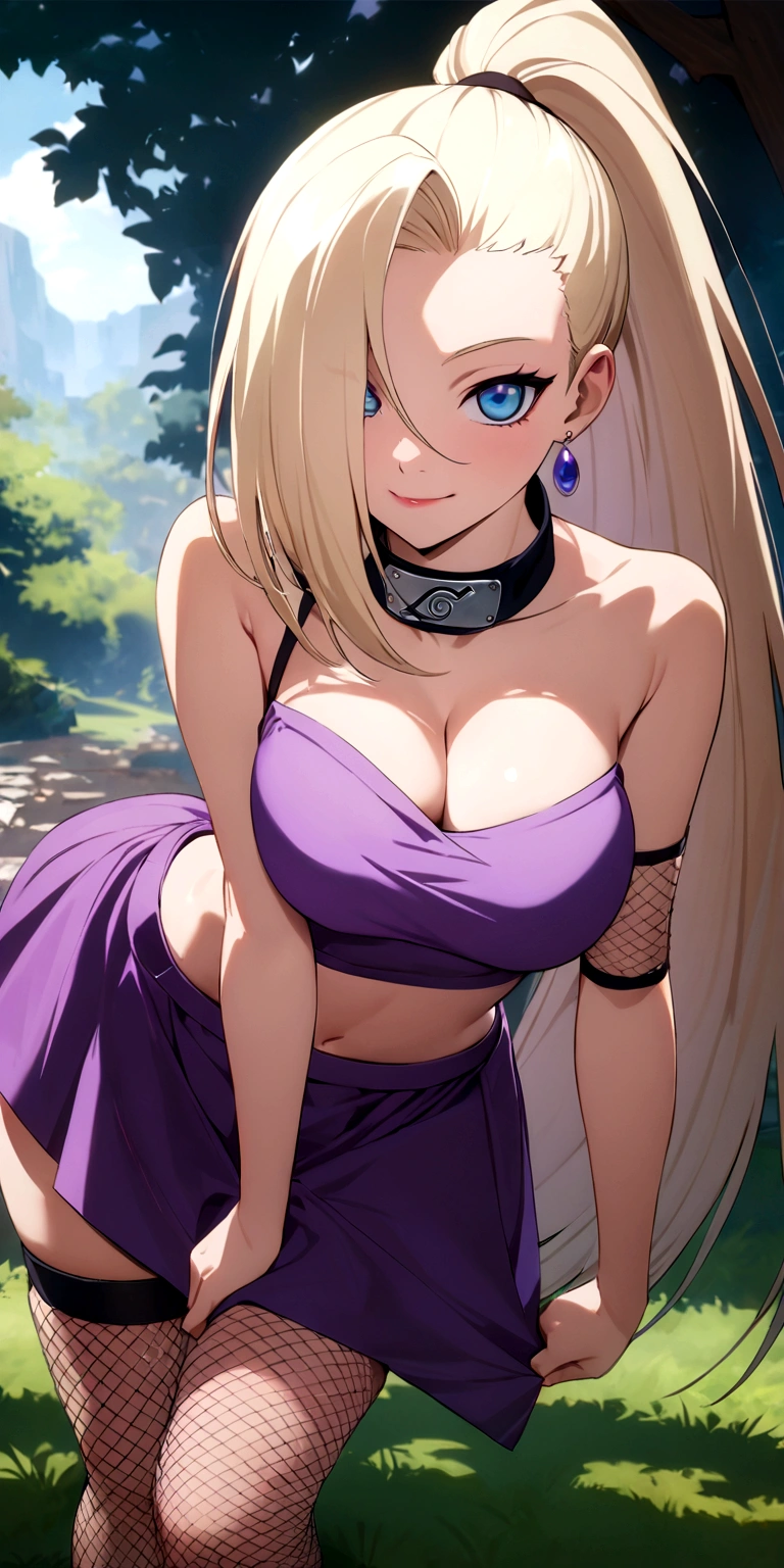 masterpiece, best quality, very aesthetic, absurdres,
yamanaka_ino, naruto_(series), naruto_shippuuden,blonde_hair,long_hair,  high_ponytail,  hair_over_one_eye,  blue_eyes, bare_shoulders, purple crop_top, earrings, Fishnet elbow pads, jewelry, large_,  midriff, purple skirt, Fishnet stockings,  thighhighs,  smile, solo, standing, in park,looking_at_viewer, sexy po playing with man’s cock, big eavage hangiing over, sucking man’s cock, poowjob, 
