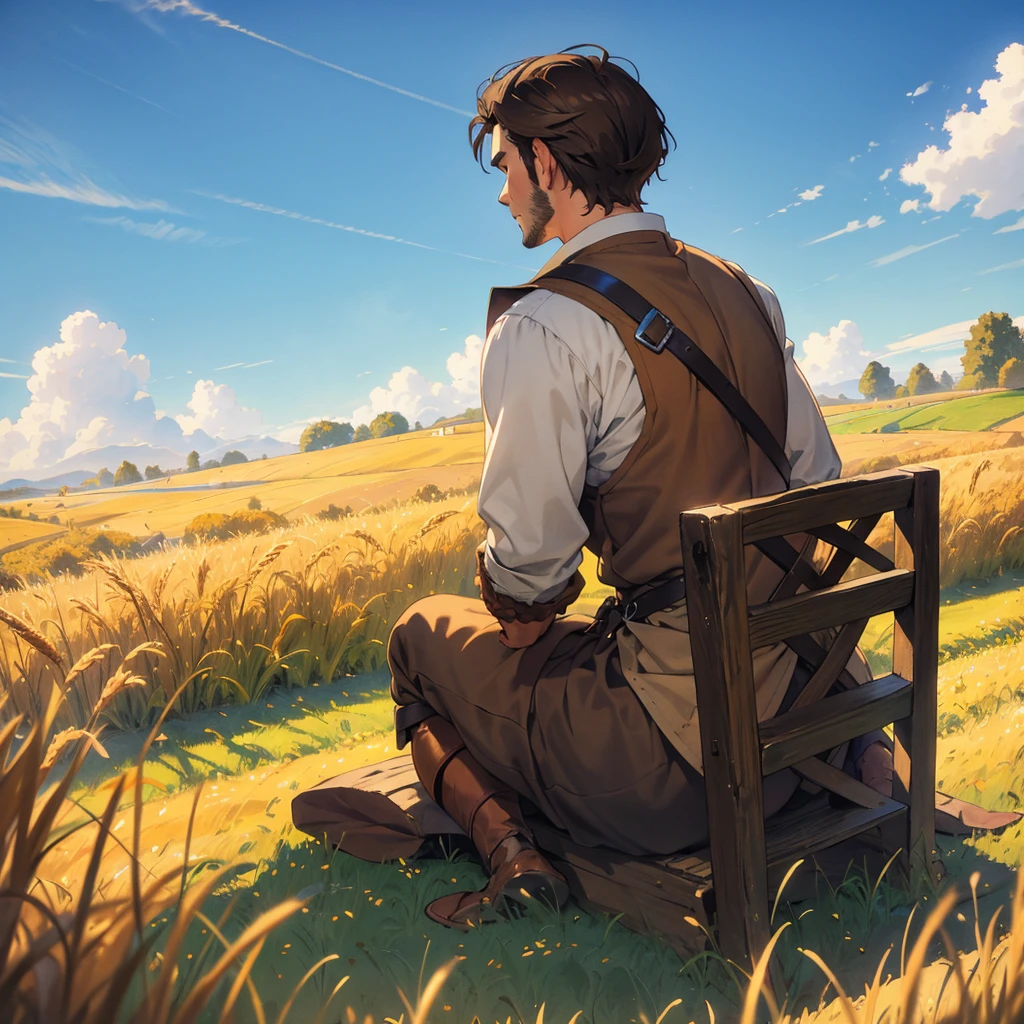 back view of a brown-haired man wearing a medieval farmer's outfit, sitting in the wheatfield, blue sky