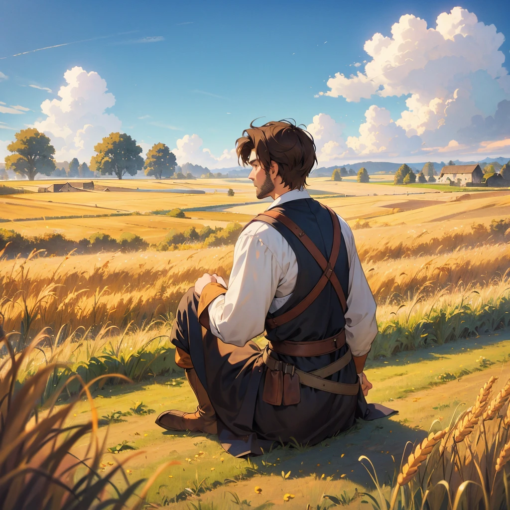 back view of a brown-haired man wearing a medieval farmer's outfit, sitting in the wheatfield, blue sky