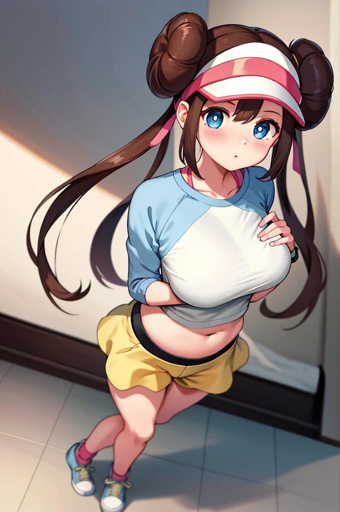 masterpiece, top-quality, hight resolution, RO1, Hair buns, blue eyess, Twin-tailed, Visor Cap, raglan sleeves, Yellow shorts, The shirt, Pink ribbon, Watches,large full breasts、red blush、full body Esbian、appealing breast、breastsout、teats、sexy tummy, tetas grandes, solo, 1girl, BEDROOM background, hands on chest