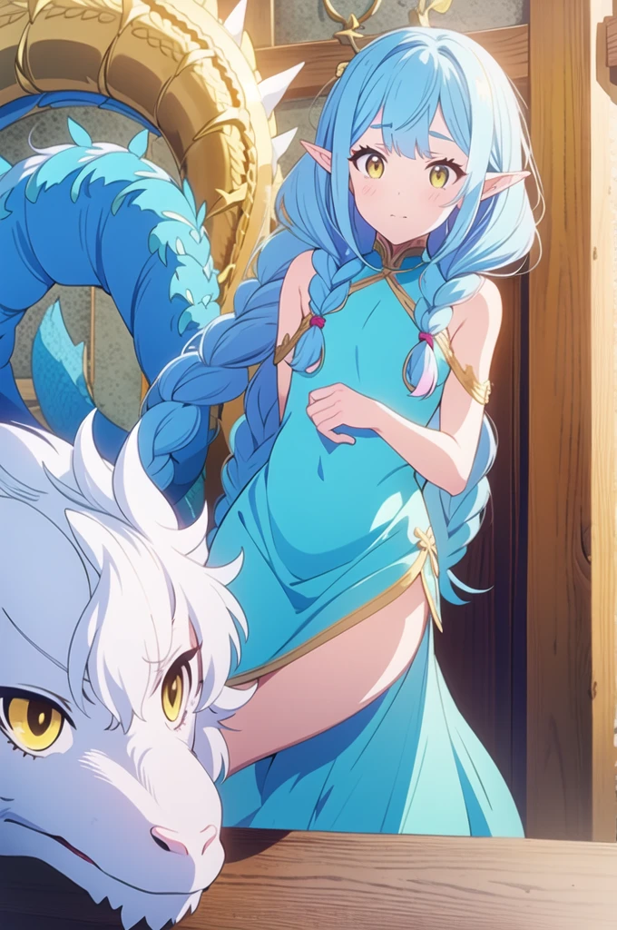 cute young girl, light blue hair, long hair, small braids hair, yellow eyes, elf ears, dragon tail, dragon thorn, muscular body, small breast, light blue dress