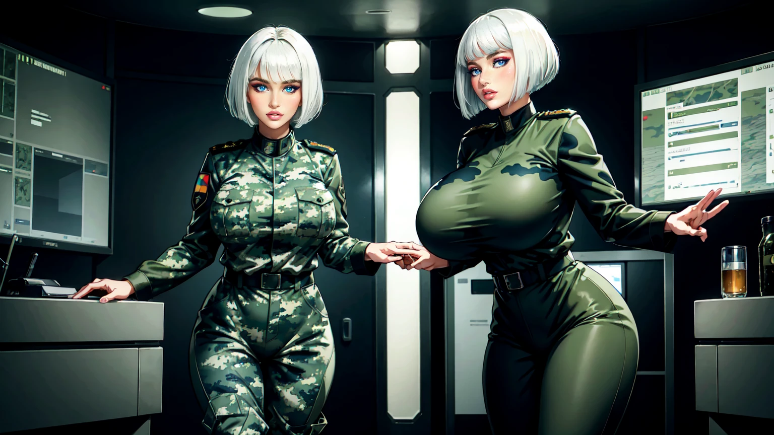 german woman, white longbob haircut, Military camouflage Uniform, big breast, blue eyes,Green Camouflage trousers, black boots, standing in the Command Room