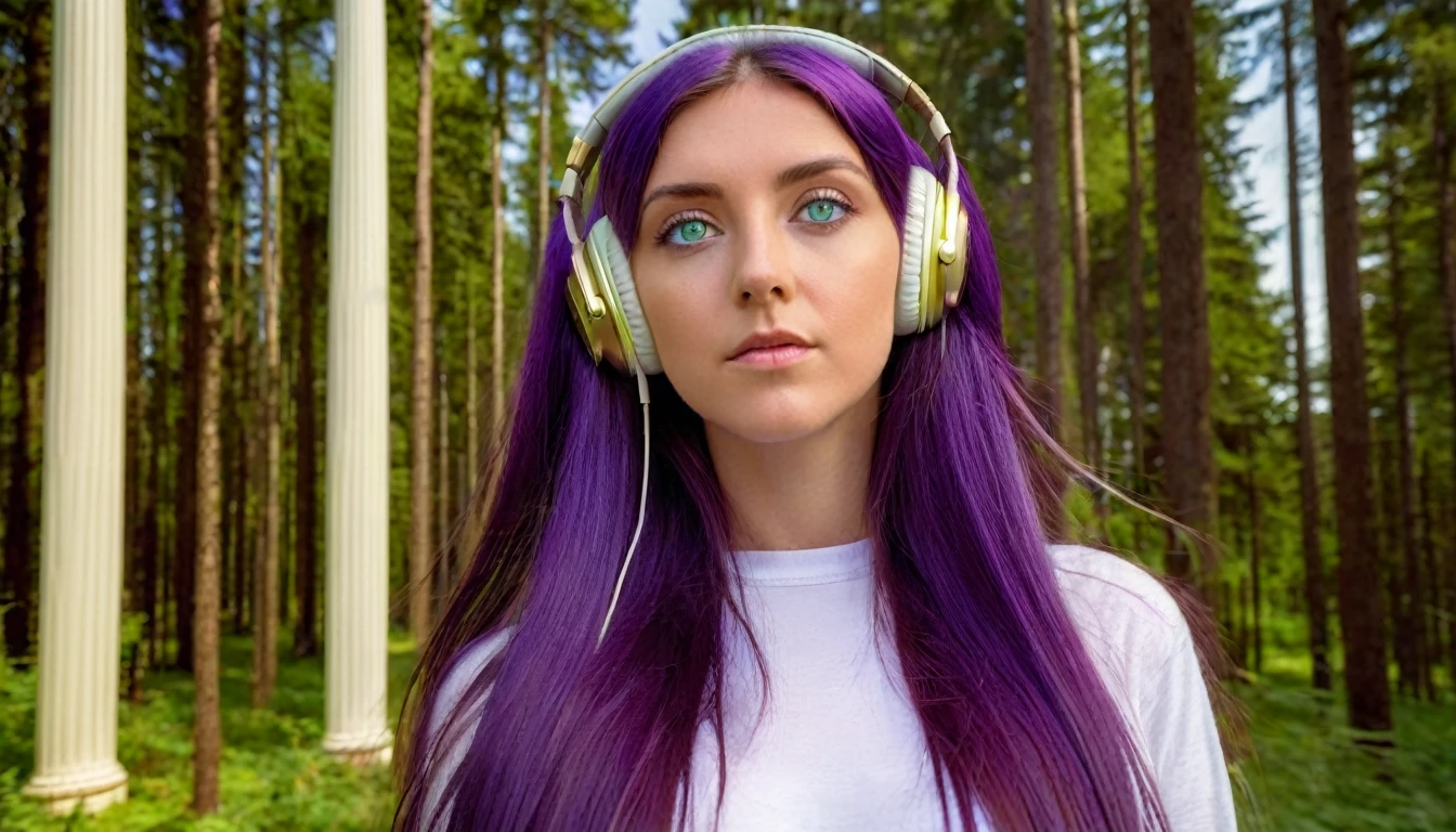 HDR, BETTER IMAGE, WOMAN WITH GREEN EYES, FULL BODY IMAGE, WITH SMALL HEADPHONES, LISTENING TO MUSIC, LONG PURPLE STRAIGHT HAIR, NATURE, FOREST, IVORY HOUSE WITH GOLD, IVORY COLUMN WITH GOLD, YOUTUBE SYMBOL