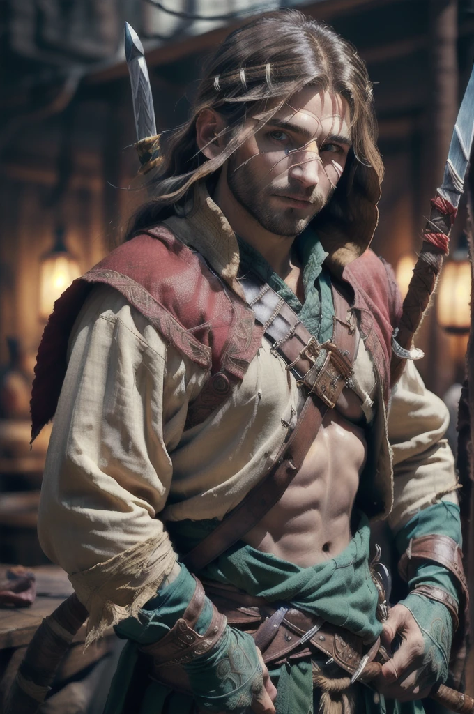 (masterpiece, best quality:1.4), (beautiful, aesthetic, perfect, delicate, intricate:1.2), (1man, thin adult portuguese male:1.2),  turquoise eyes, dark blonde hair, large nose, scar on lip, 
portrait, solo, half shot, looking at viewer, detailed background, detailed face, (CeltPunkAI, tribal barbarian celtic theme:1.1)  
