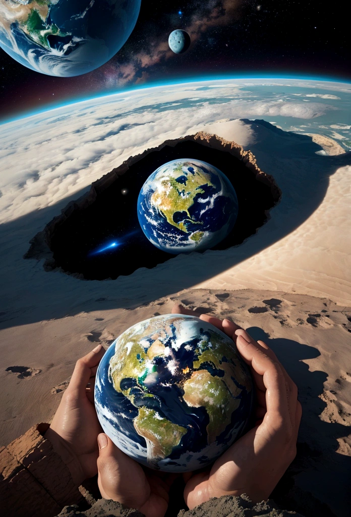 Create an image in which the earth emerges from space, inside the earth put elements that have marked history