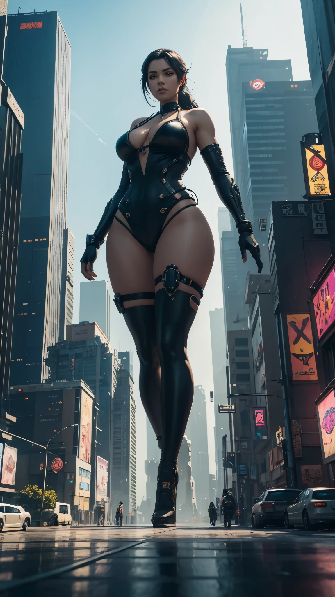 A giant woman in a bikini lying on top of a cyberpunk city, Little guys running around the giant girl, Standing on her hand, cgsociety 9, 2. 5 d cgi fantasy art, engine rendering unreal + a goddess, full body cgsociety, artgerm ; Hyper realistic 3d content, giant art, super detailed 3d matte paintings, super detailed 3d matte paintings, realistic fantasy art, realistic 3 d anime style. Beautiful girl. Big thighs."The boy stood on the top of a high-rise building waving to the girl"