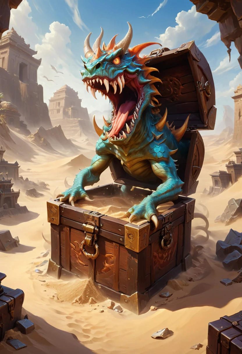 Treasure Box Monster Mimic from D&D, The screen mainly depicts an ancient ruins buried by wind and sand. A monster is hidden inside a treasure chest, with mysterious symbols engraved on it. The monster's sharp teeth extend from the chest, ready to launch an attack. The background is a vast desert, boundless, giving people a sense of mystery and danger, cinematic still, emotional, vignette, dynamic, vivid, (masterpiece, best quality, Professional, perfect composition, very aesthetic, absurdres, ultra-detailed, intricate details:1.3)