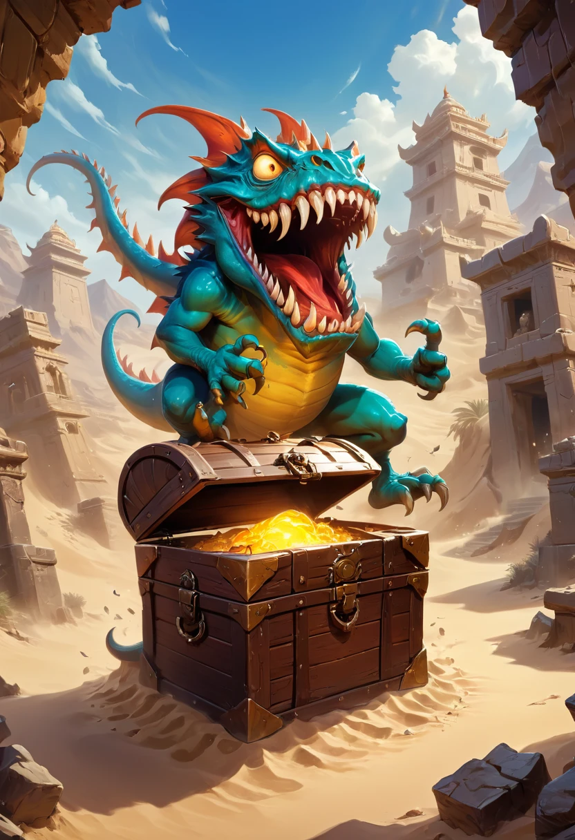 Treasure Box Monster Mimic from D&D, The screen mainly depicts an ancient ruins buried by wind and sand. A monster is hidden inside a treasure chest, with mysterious symbols engraved on it. The monster's sharp teeth extend from the chest, ready to launch an attack. The background is a vast desert, boundless, giving people a sense of mystery and danger, cinematic still, emotional, vignette, dynamic, vivid, (masterpiece, best quality, Professional, perfect composition, very aesthetic, absurdres, ultra-detailed, intricate details:1.3)