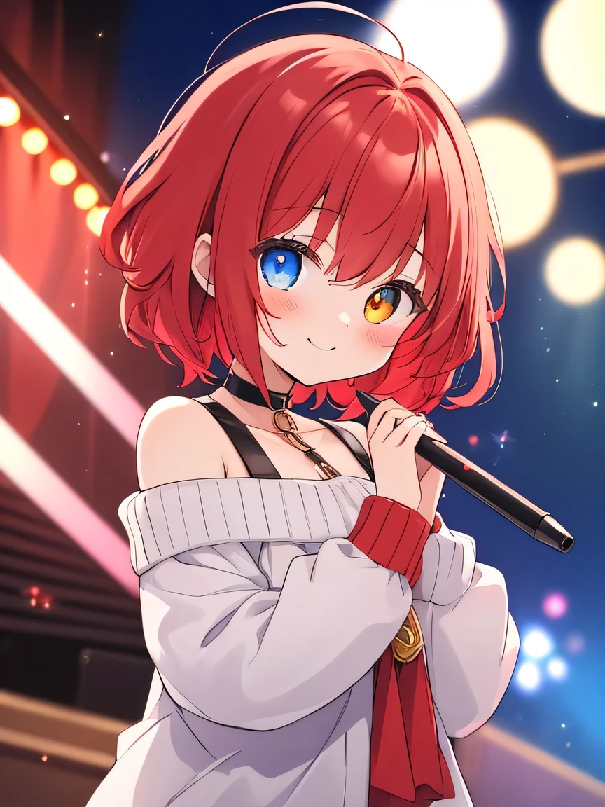 ((masterpiece)), ((best quality)), (ultra-detailed), ((kawaii)), cute, (lovely), illustration, anime style, upper body, upper body focus, a cute girl, solo, 1girl, Live performance venue, During rehearsal, Japanese anime illustration with pale colors, fiery red spiky hair a little longer than shoulder length, with the tips casually fluttering. (Heterochromatic eyes:1.5 left eye red and right eye blue). Hollow-looking eyes (dark eye colors). Red, shoulder-revealing sweater. A with a bored-looking mouth. Black choker with a keyhole around her neck. sweater with red shoulders, girl, smiling, choker with black keyhole around neck, (red hair), short hair, Relaxed atmosphere.