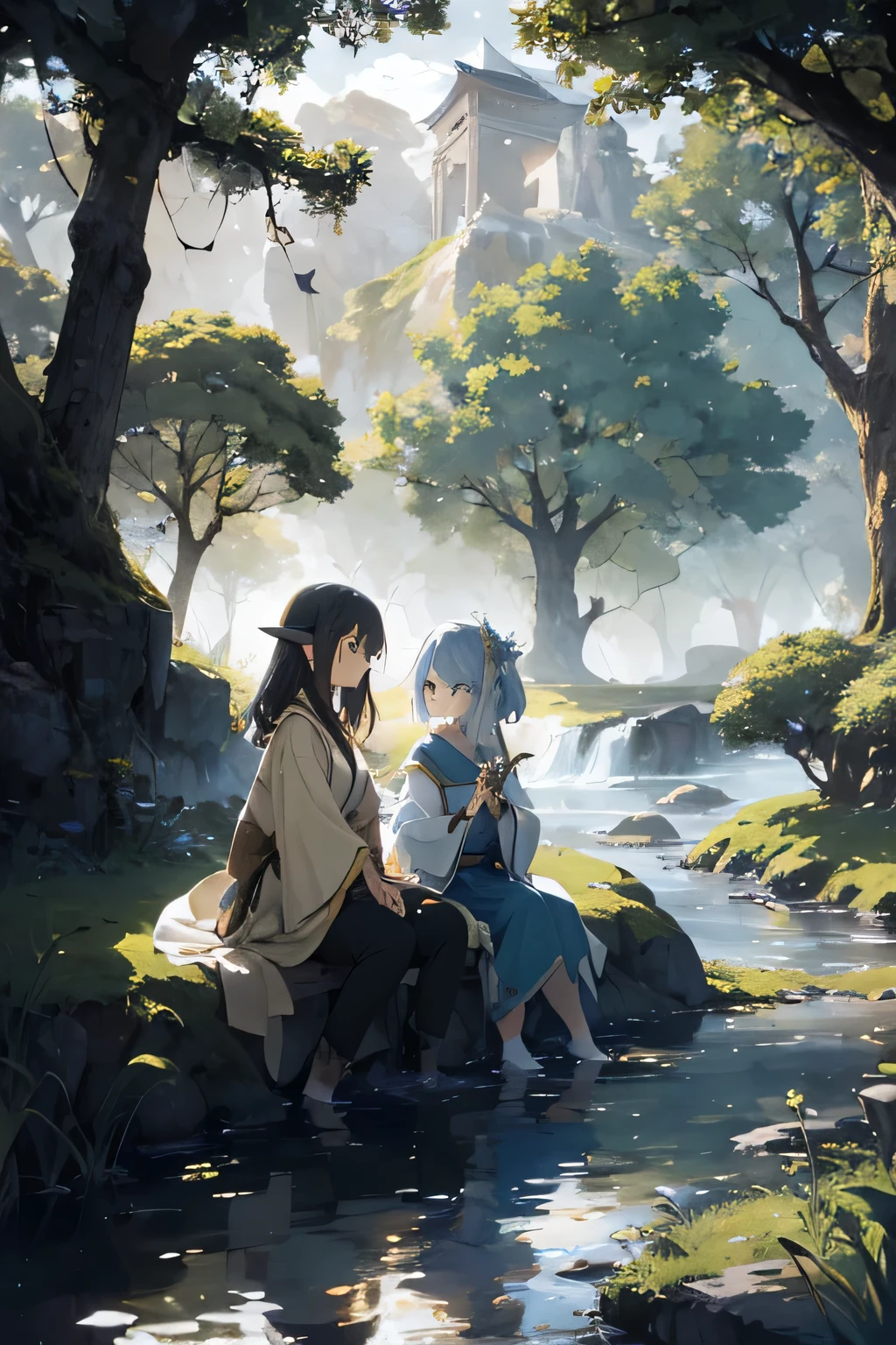 top quality, best quality, High-quality illustrations, masterpiece, super high resolution, Create a serene and enchanting fantasy landscape inspired by Japanese isekai anime. The scene should feature a peaceful, magical meadow with sparkling, crystal-clear rivers flowing gently. Include mystical elements such as glowing flowers, floating lanterns, and ethereal creatures like fairies or small dragons. The sky should be a dreamy mix of pastel colors with a soft, golden glow from the setting sun. Include a couple of ancient, majestic trees with bioluminescent leaves swaying in a gentle breeze.
In the scene, add a few characters dressed in fantasy attire, such as a mage with a flowing robe and staff, a knight in shining armor, and an elf with elegant, nature-inspired clothing. These characters should be interacting peacefully with the environment, perhaps sitting by the river, exploring the meadow, or conversing under the trees. The overall color palette should be soothing, with soft gradients and a touch of magic. The scene should evoke a sense of wonder, tranquility, and relaxation, perfect for a thumbnail that invites viewers to escape into a calm and fantastical world.