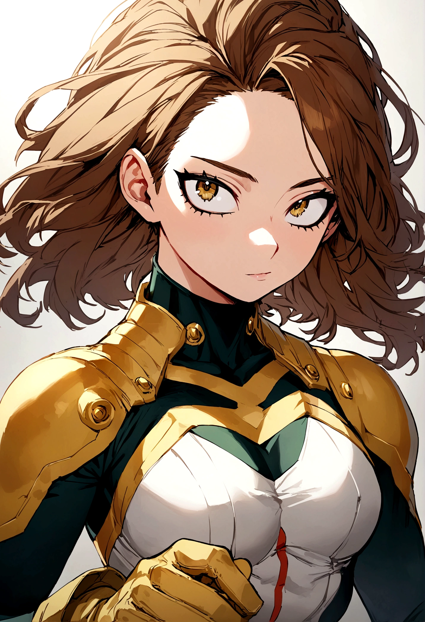 My hero academia, girl with long brown hair, gold eyes with gloves
