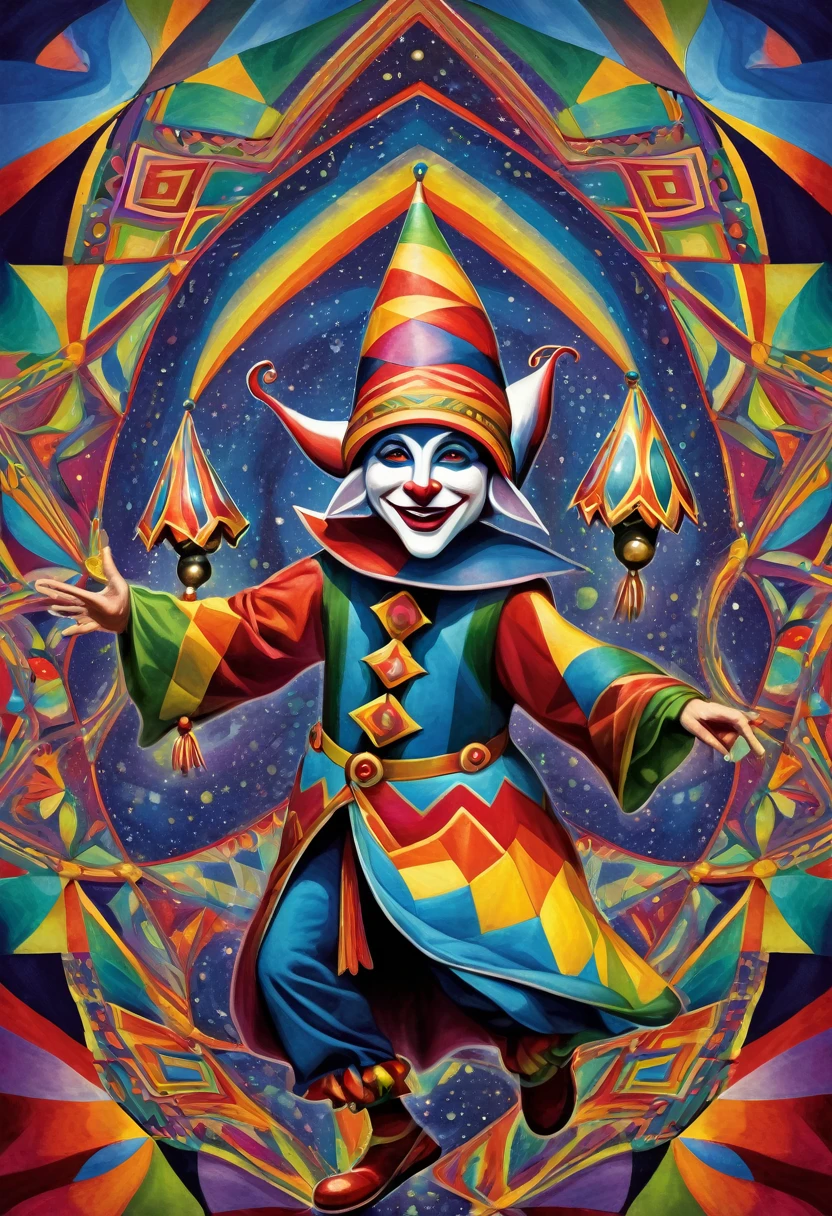 a jester wearing his 6 pointed cap and bells hat and dancing, colorful, surreal, psychedelic, center, detailed, geometric patterns, visionary art, shamanic, dark colors, fresco paiting