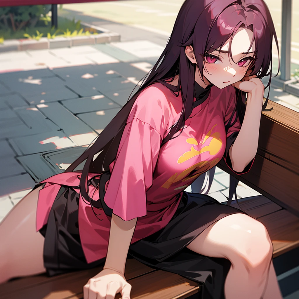 Long hair, glossy pink eyes and a sexy body wearing a red kinomo jeoang shirt sitting on a bench in a 5 star restaurant