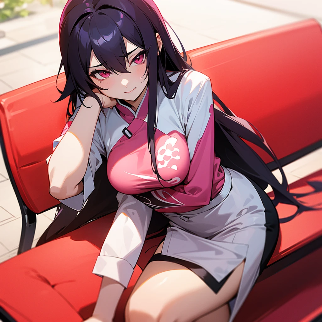 Long hair, glossy pink eyes and a sexy body wearing a red kinomo jeoang shirt sitting on a bench in a 5 star restaurant