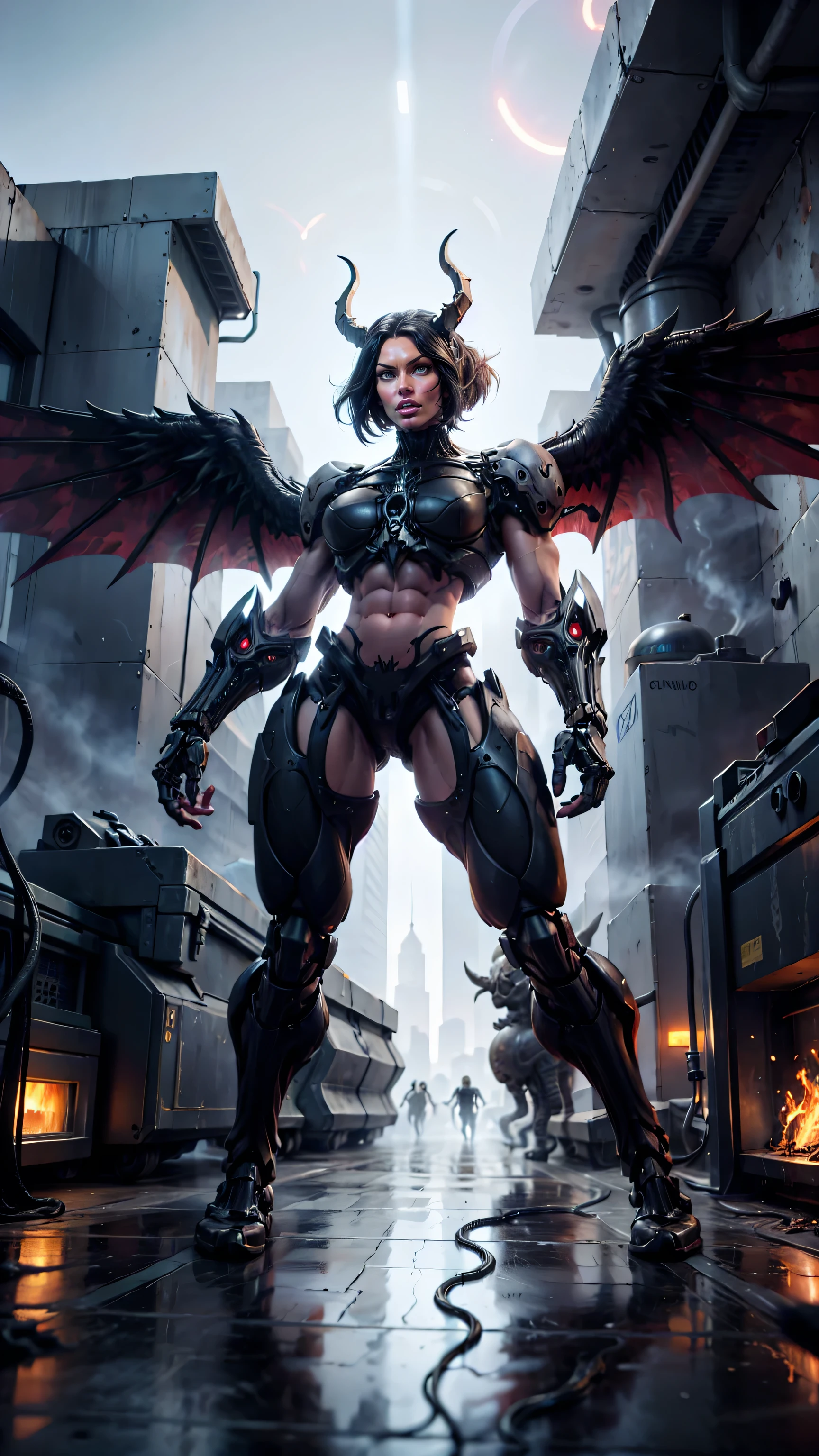 Megan fox as a demonic biomechanical succubus, an unsettling yet mesmerizing blend of organic and mechanical features, lurking in the shadows.
In the heart of the dystopian metropolis, where technology and darkness intertwine, the demonic biomechanical succubus prowls through the neon-lit alleys. Her presence is a haunting mixture of allure and menace, a testament to the unholy fusion of flesh and machinery.
Her body, an intricate blend of demonic curves and mechanical precision, moves with a predatory grace. Sharp, metallic limbs gleam under the flickering lights, each movement producing a faint whirring sound. Her skin, a smooth and dark alloy interspersed with patches of organic texture, pulsates with a faint, eerie glow.
Her eyes, a pair of luminescent orbs, scan the surroundings with a predatory intelligence. They emit an otherworldly light, contrasting sharply with the darkness around her. Her hair, a cascade of fine, metallic tendrils, shimmers like liquid metal, adding an ethereal beauty to her terrifying visage.
Her biomechanical wings unfurl, their structure a marvel of dark engineering and demonic energy. They spread wide, casting ominous shadows against the city’s neon backdrop, ready to take flight or strike fear into any who dare approach.