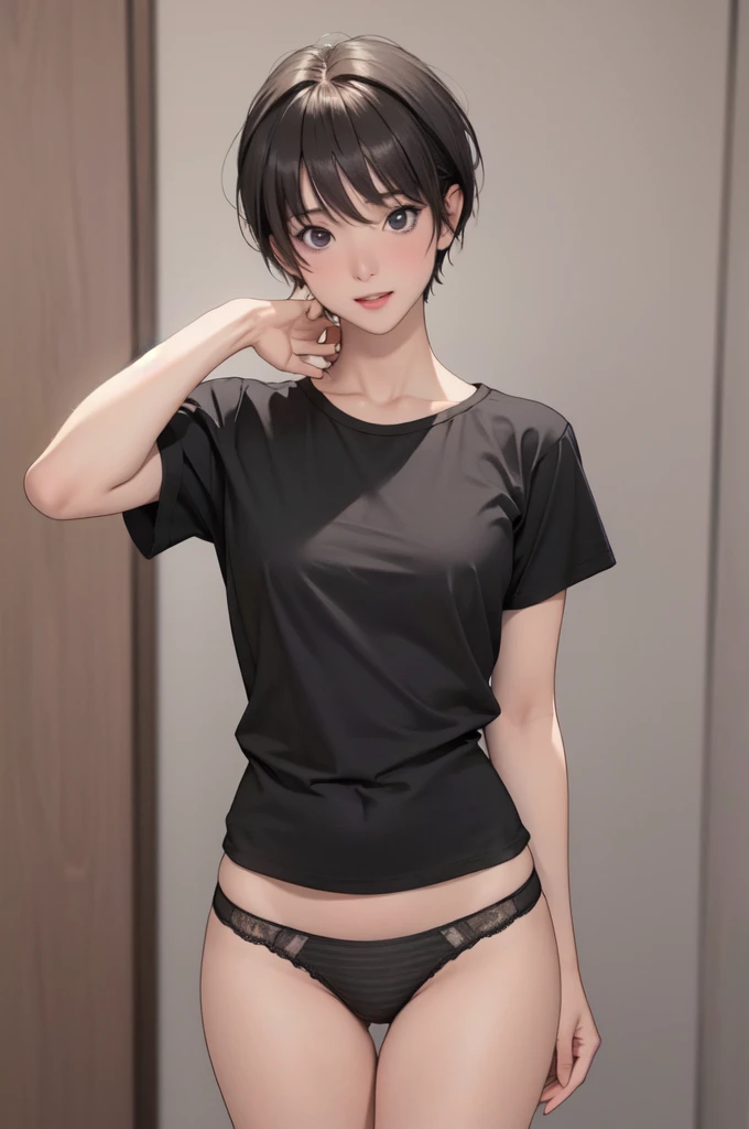 (masterpiece, best quality)),((highres:1.2)), 1 Girl, solo, Blurred Background, (((Small breasts))), Thighs, (Groin), gray stripe underwear, (long T-Shirts:1.3), (pixie cut:1.3), [[navel]], cheek, Excited pose