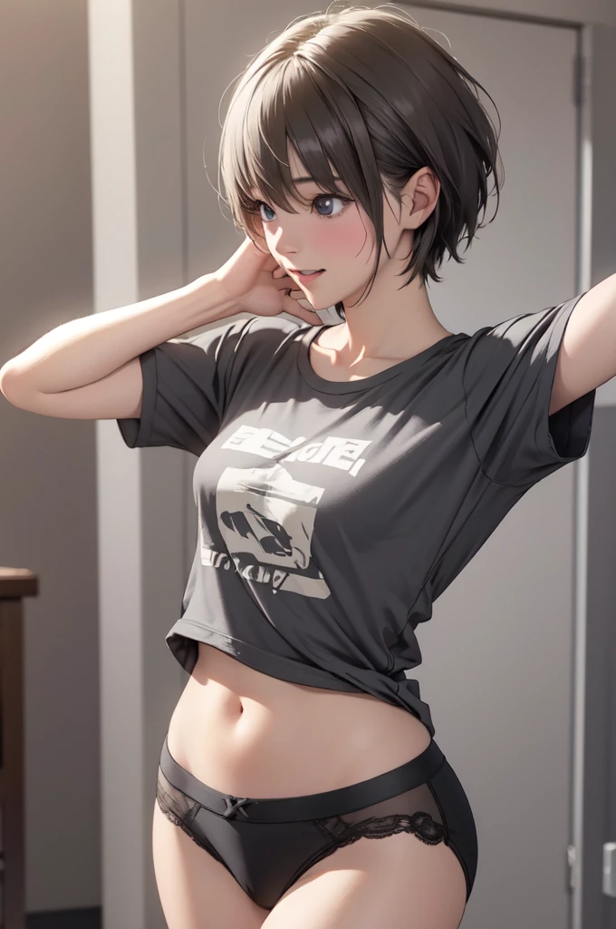 (masterpiece, best quality)),((highres:1.2)), 1 Girl, solo, Blurred Background, (((Small breasts))), Thighs, (Groin), gray stripe underwear, (long T-Shirts:1.3), (pixie cut:1.3), [[navel]], cheek, Excited pose