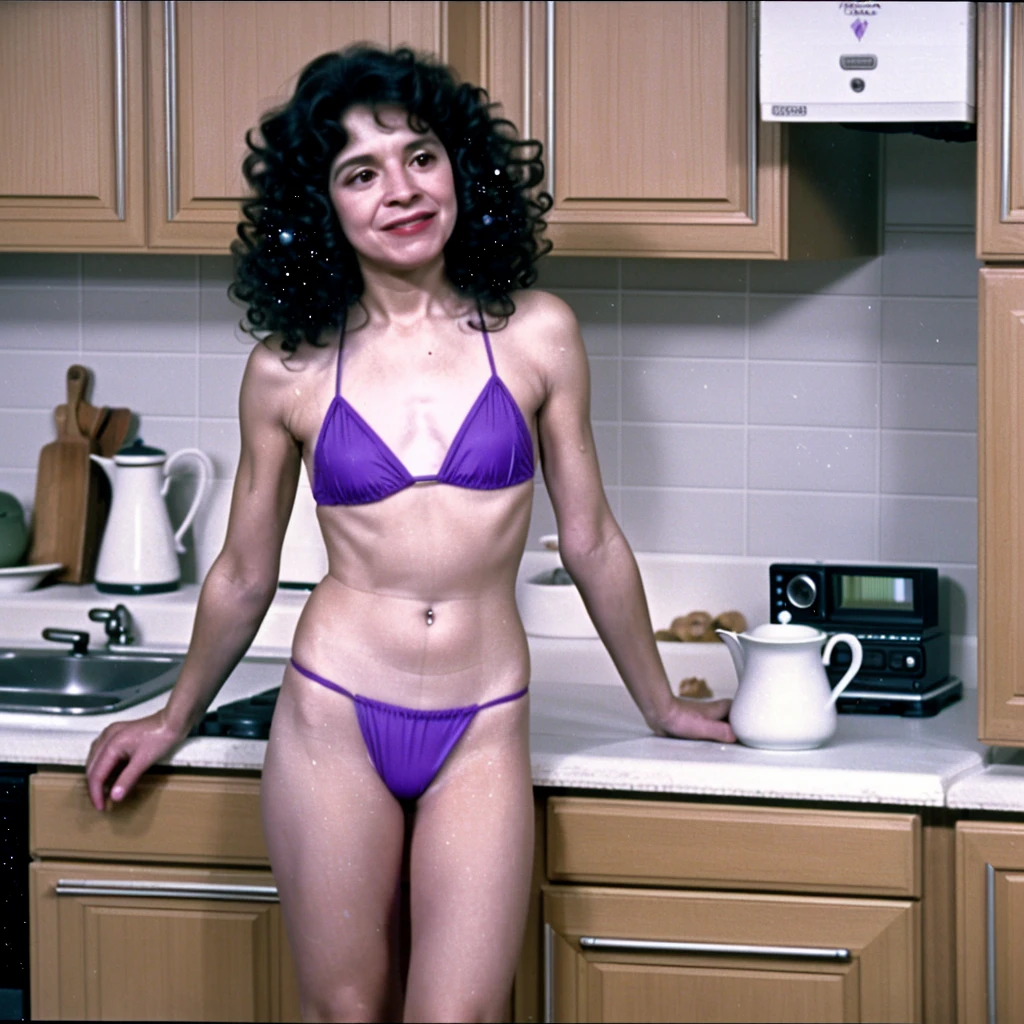 1982 home camcorder still quality, early morning in snowing ohio, slender short adorable latina grandma (high detail face) (long black curly hair) ,standing in kitchen wearing purple string bikini, snowing outside