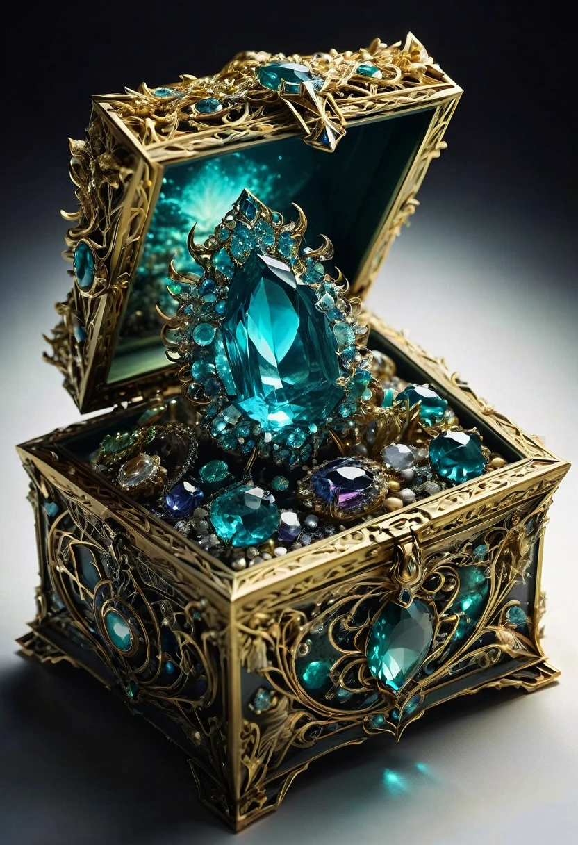 Mimic Monster inside Treasure Box. Scattered jewelry, by Pierre Pellegrini, best quality, masterpiece, very aesthetic, perfect composition, intricate details, ultra-detailed