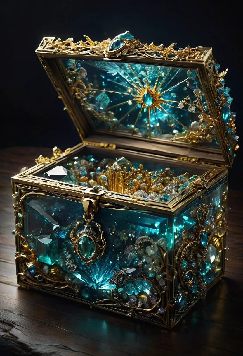 Mimic Monster inside Treasure Box. Scattered jewelry, by Pierre Pellegrini, best quality, masterpiece, very aesthetic, perfect composition, intricate details, ultra-detailed