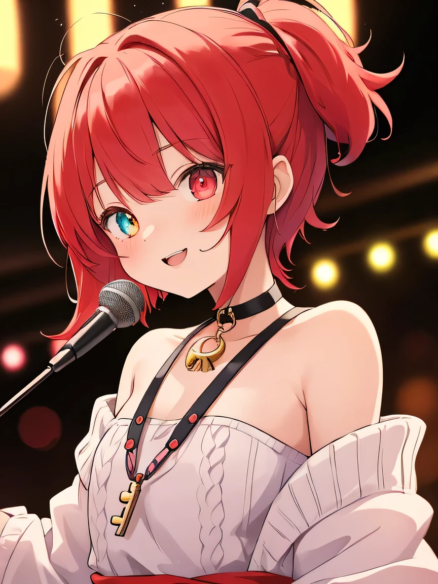 ((masterpiece)), ((best quality)), (ultra-detailed), ((kawaii)), cute, (lovely), illustration, anime style, upper body, upper body focus, a cute girl, solo, 1girl, Live performance venue, During rehearsal, Japanese anime illustration with pale colors, fiery red spiky hair a little longer than shoulder length, with the tips casually fluttering. (Heterochromatic eyes:1.5 left eye red and right eye blue). Hollow-looking eyes (dark eye colors). Red, shoulder-revealing sweater. A 15-year-old girl with a bored-looking mouth. Black choker with a keyhole around her neck. sweater with red shoulders, girl, smiling, choker with black keyhole around neck, (red hair), short hair, Relaxed atmosphere.
