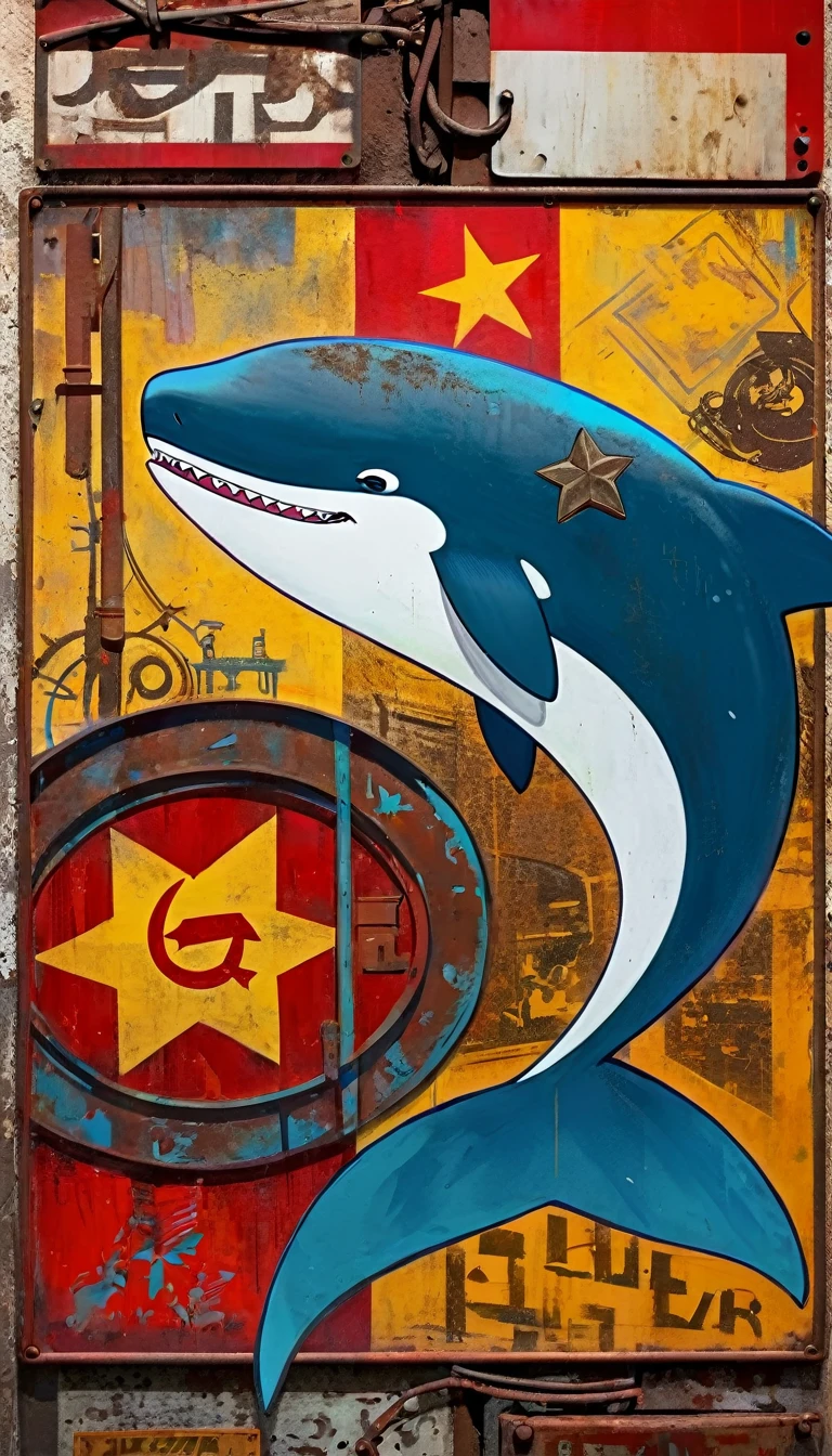 simple decorative rusty metal sign with a drawing of an 1killer whale and a 1communist star, artwork inspired by Dave McKean, vivid colors, intricate details, oil painting.