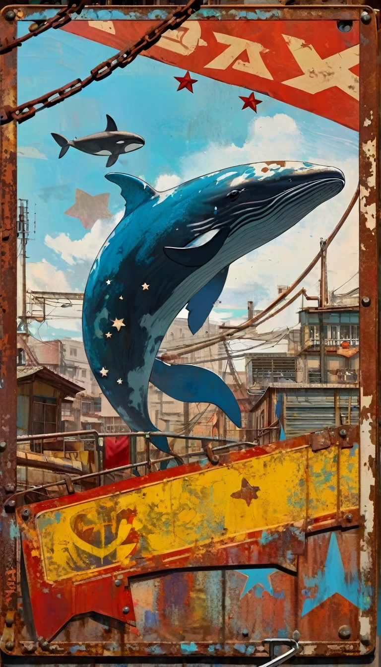 simple decorative rusty metal sign with a drawing of an 1killer whale and a 1communist star, artwork inspired by Dave McKean, vivid colors, intricate details, oil painting.
