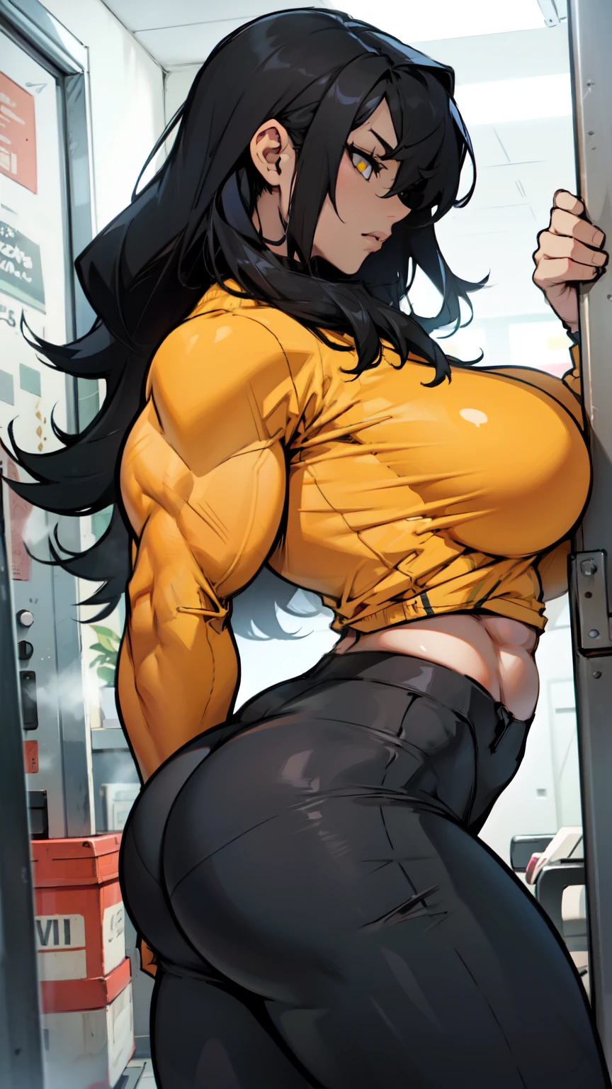 huge muscles breasts thick thick thick thick thick thick thick pale skin black hair yellow eyes depressed female tight shirt and leggings long sleeve