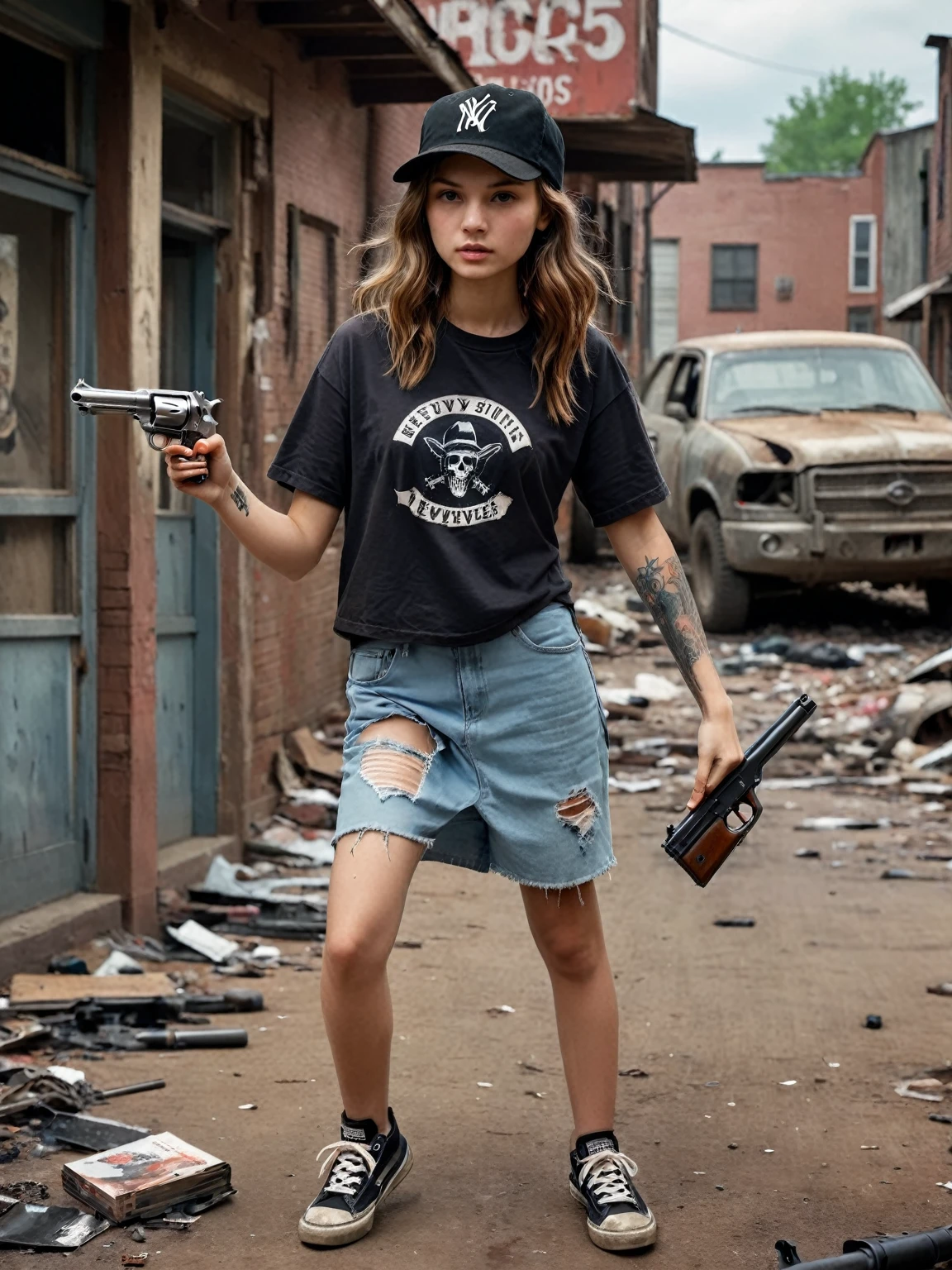 ８k,realistic photo、realistic skin texture、A beautiful, very young girl who lives in the United States.and holds a Wesson M442 compact revolver in his hand..、pointing forward ,,Dirty and torn large size.Ｔshirt 、black cap、Dirty Vans high-top sneakers、、A town in chaos、face、moving action pose、cool composition、tattoo