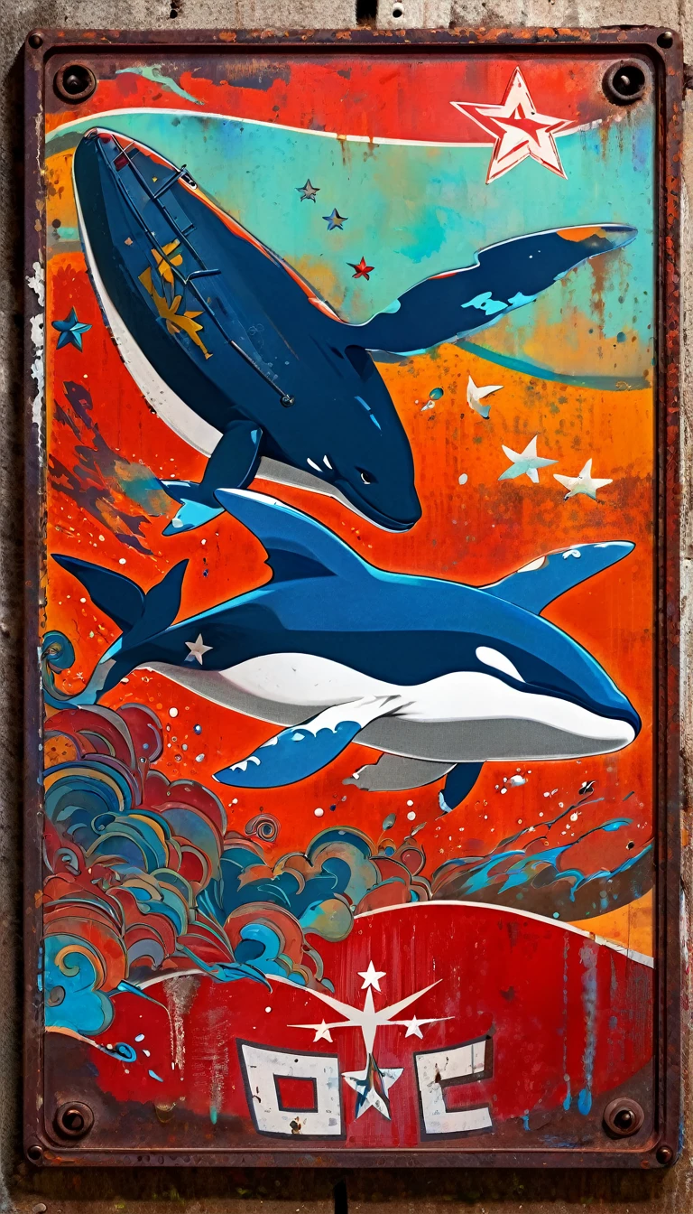 simple decorative rusty metal sign with a drawing of an 1killer whale and a 1communist star, artwork inspired by Dave McKean, vivid colors, intricate details, oil painting.
