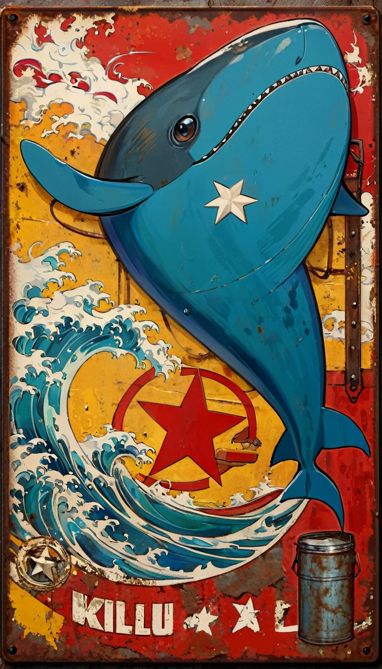 simple decorative rusty metal sign with a drawing of an 1killer whale and a 1communist star, artwork inspired by Dave McKean, vivid colors, intricate details, oil painting.
