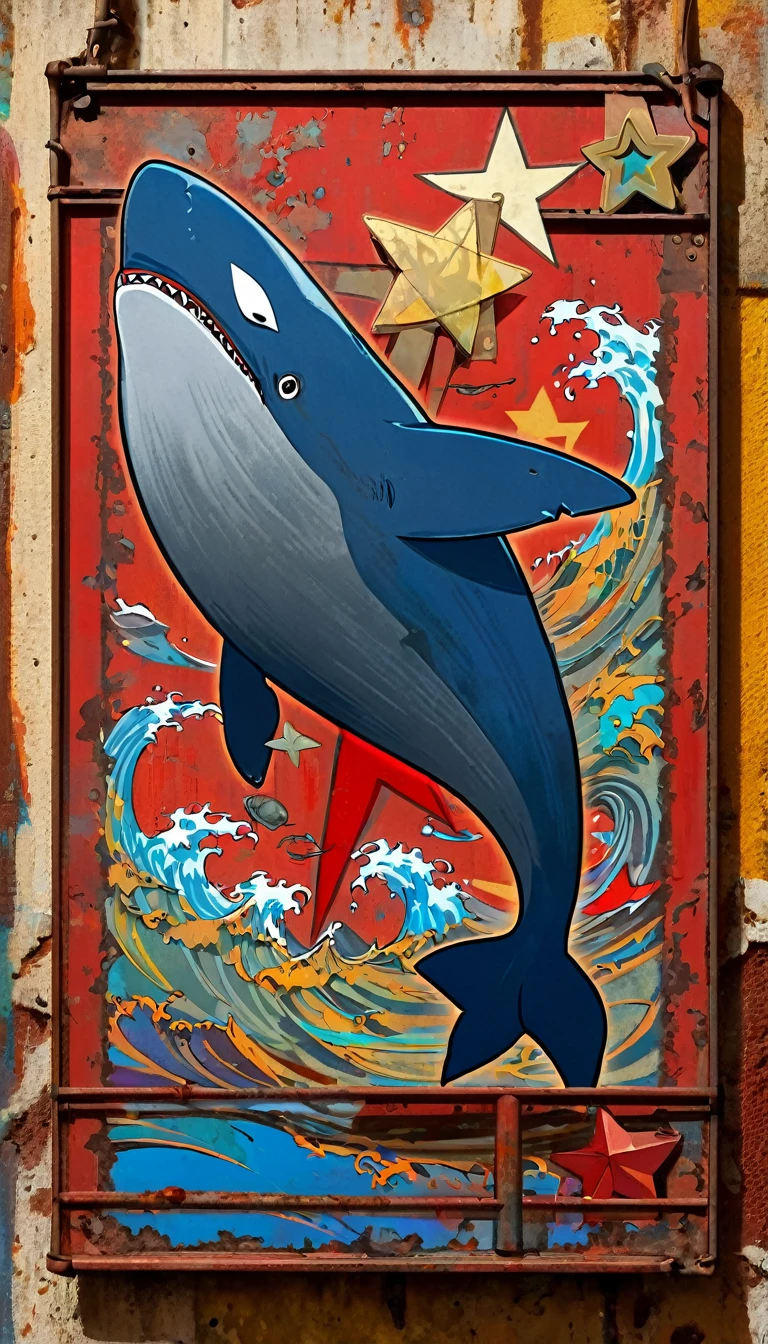 simple decorative rusty metal sign with a drawing of an 1killer whale and a 1communist star, artwork inspired by Dave McKean, vivid colors, intricate details, oil painting.
