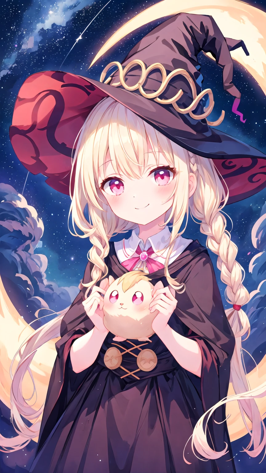 masterpiece, Highest quality, Very detailed, shape, Starry Sky,cute, girl, alone, smile, witch Hat,mysterious,White Blonde Hair,whitish blonde hair,Pink eyes,Braided twin tails,witch'Clothes,Lolita Fashion,Simple Background,星の装飾の着いたwitchのClothes,Wizard,beautiful girl