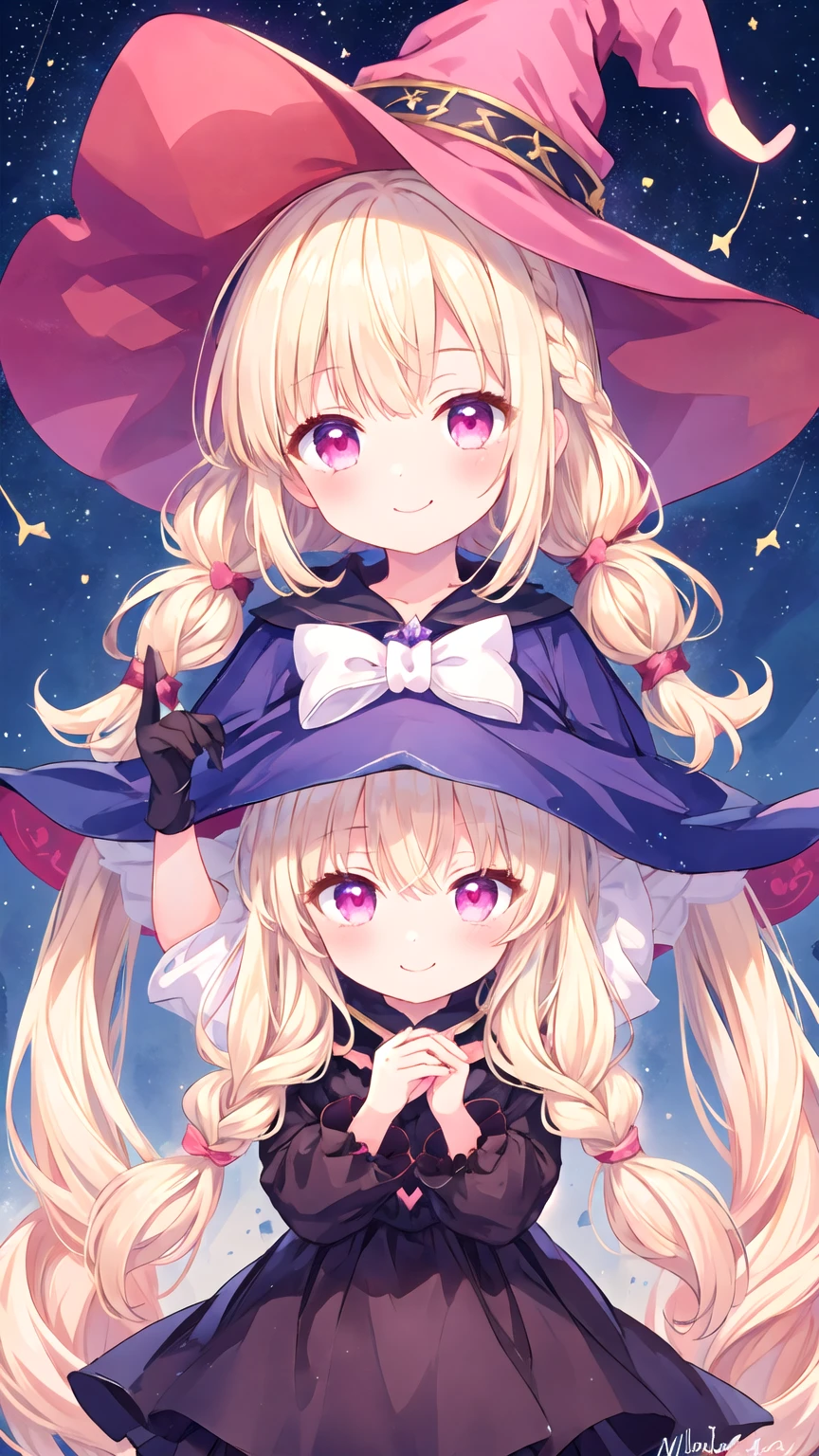 masterpiece, Highest quality, Very detailed, shape, Starry Sky,cute, girl, alone, smile, witch Hat,mysterious,White Blonde Hair,whitish blonde hair,Pink eyes,Braided twin tails,witch'Clothes,Lolita Fashion,Simple Background,星の装飾の着いたwitchのClothes,Wizard,beautiful girl