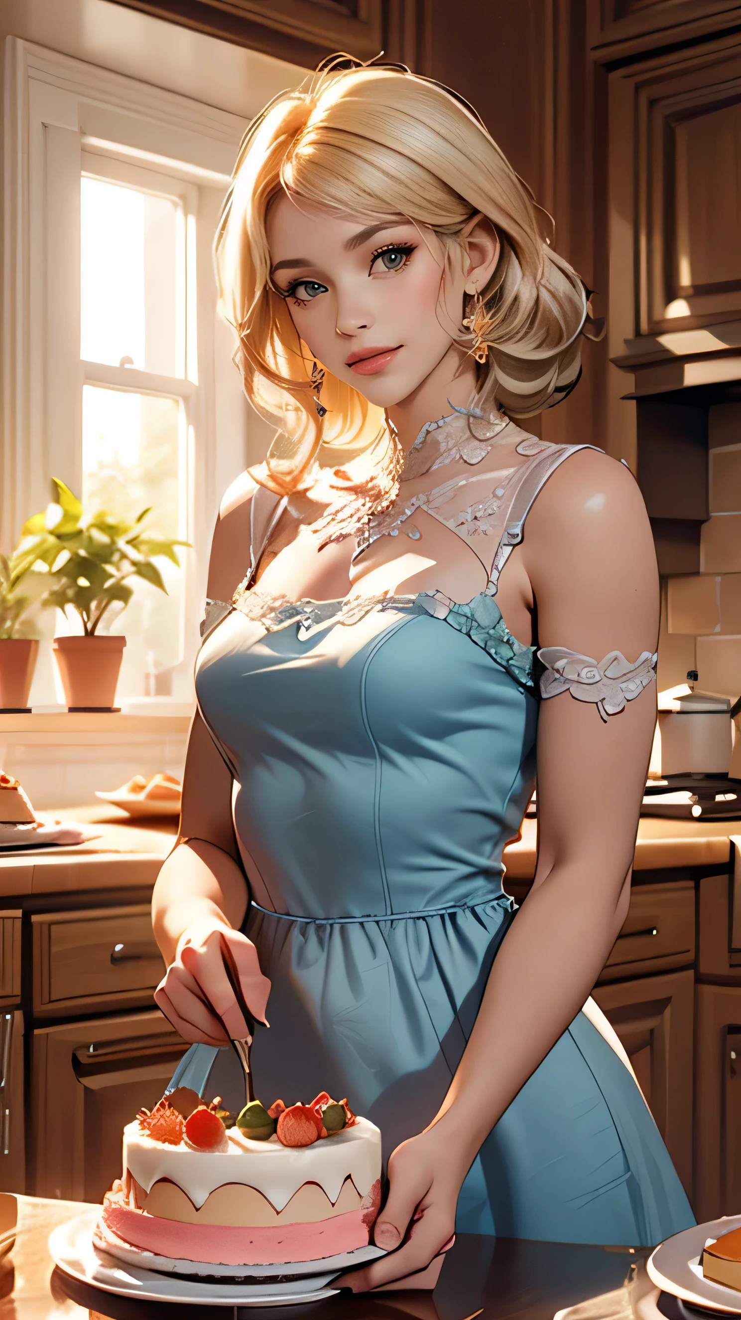 Delicate and beautiful CG art),(highest quality, Very detailed, High resolution),(Dynamic Angle, Dynamic Lighting),(One character),(Long pink and blonde hair), purple eyes, Beautiful Face), 1 girl, (Long sideburns, plant, smile, long blue dress, kitchen, baking, cake