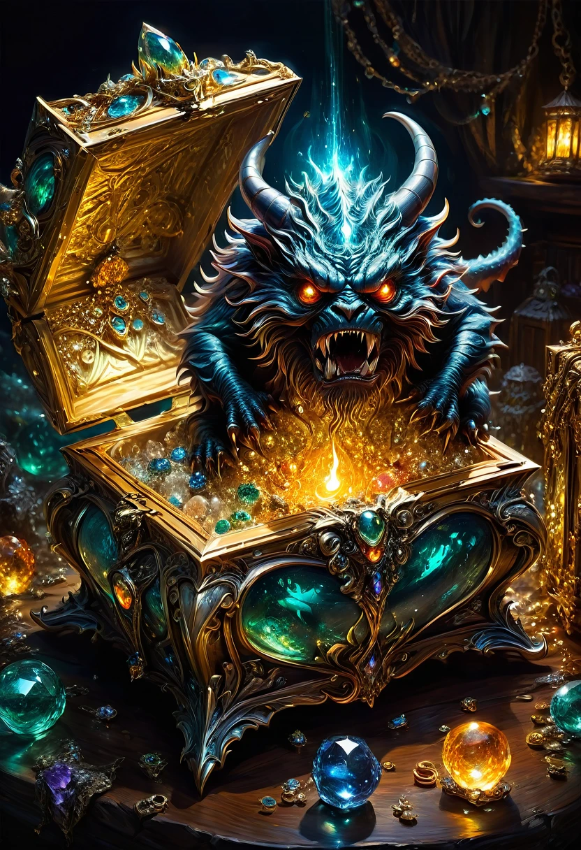 Mimic Monster inside Treasure Box. Scattered jewelry, by Bob Eggleton, best quality, masterpiece, very aesthetic, perfect composition, intricate details, ultra-detailed