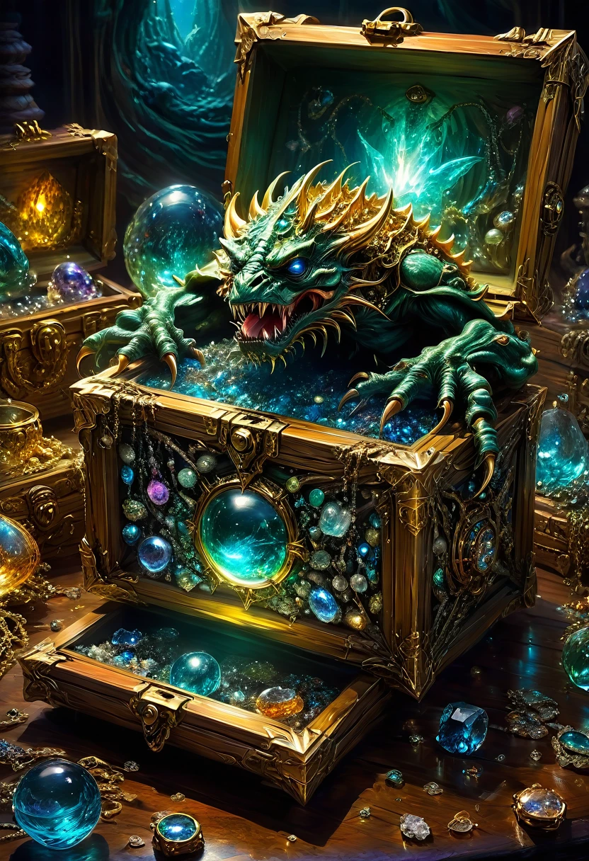 Mimic Monster inside Treasure Box. Scattered jewelry, by Bob Eggleton, best quality, masterpiece, very aesthetic, perfect composition, intricate details, ultra-detailed