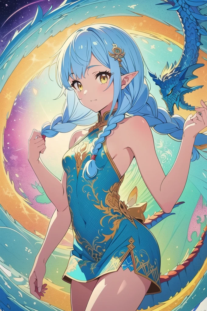 (masterpiece, top quality, best quality, official art, beautiful and aesthetic:1.2), (1girl), extreme detailed,(fractal art:1.3),colorful,highest detailed, cute young girl, light blue hair, long hair, small braids hair, yellow eyes, elf ears, dragon tail, dragon thorn, muscular body, small breast, light blue dress