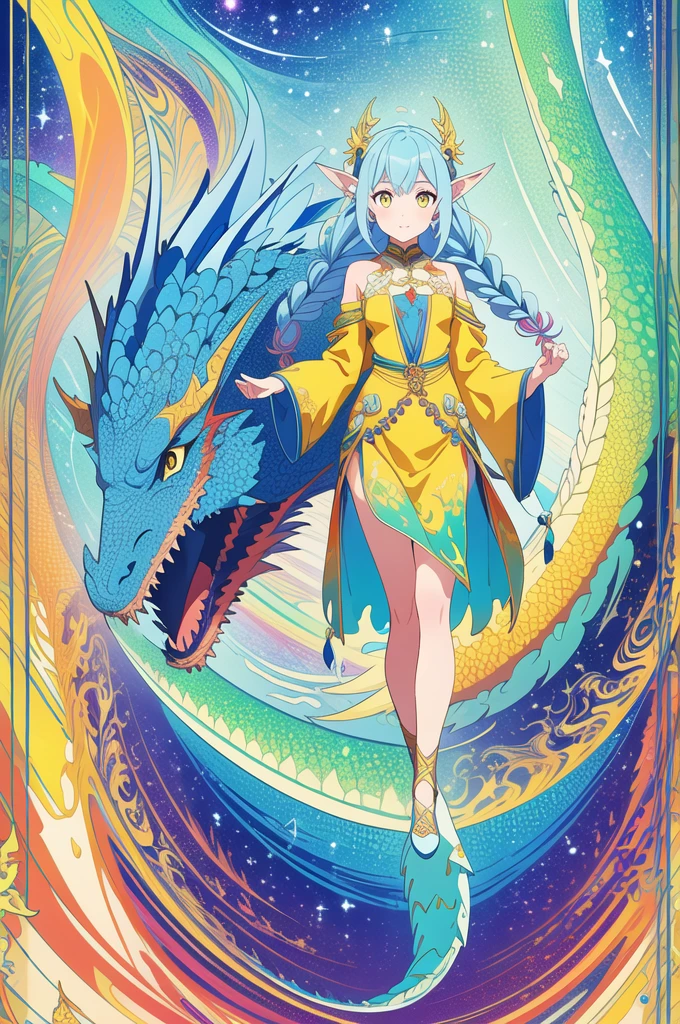 (masterpiece, top quality, best quality, official art, beautiful and aesthetic:1.2), (1girl), extreme detailed,(fractal art:1.3),colorful,highest detailed, cute young girl, light blue hair, long hair, small braids hair, yellow eyes, elf ears, dragon tail, dragon thorn, muscular body, small breast, light blue dress