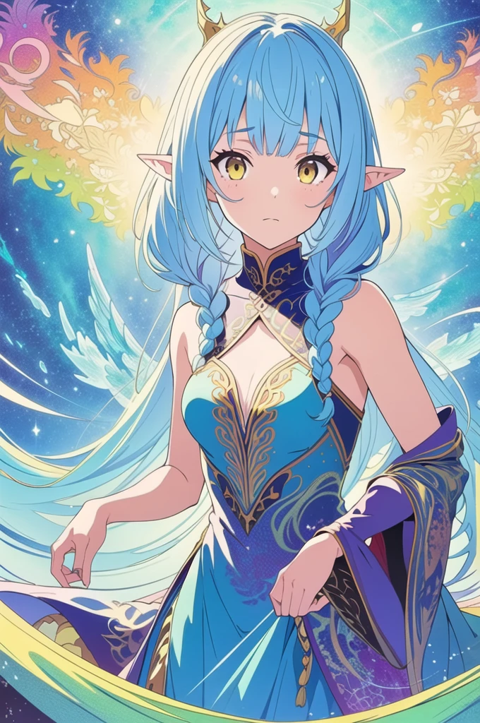 (masterpiece, top quality, best quality, official art, beautiful and aesthetic:1.2), (1girl), extreme detailed,(fractal art:1.3),colorful,highest detailed, cute young girl, light blue hair, long hair, small braids hair, yellow eyes, elf ears, dragon tail, dragon thorn, muscular body, small breast, light blue dress