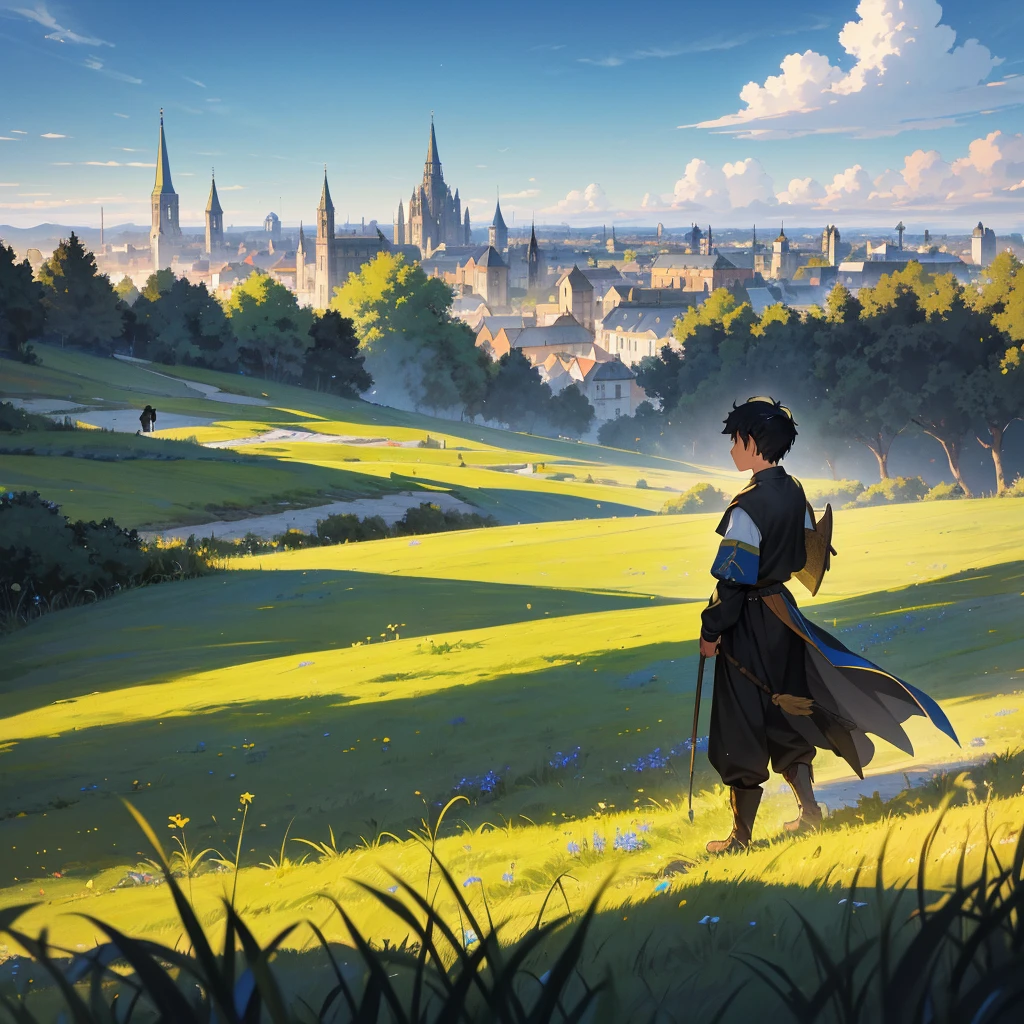 Picture a black-haired boy walking through a vast grassfield, the golden blades swaying gently in the breeze under a clear, blue sky. In the distance, the silhouette of a medieval city rises, its stone walls and spires glinting in the sunlight. The boy, dressed in medieval farmer clothes, his steps filled with a sense of purpose and adventure. Capture the contrast between the serene expanse of the grassfield and the bustling promise of the city ahead, highlighting the boy's journey from the peaceful countryside towards the unknown opportunities and challenges of urban life."