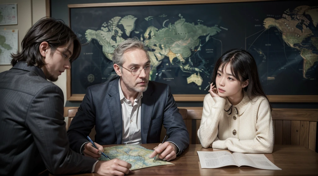 keep his face but do it in different positions, and with different clothes, he is a calm and serious gentleman, an intellectual scholar and geologist, she is at a table, explaining and showing knowledge on a map on the wall