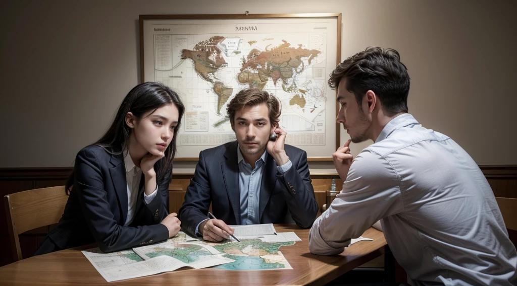 keep his face but do it in different positions, and with different clothes, he is a calm and serious gentleman, an intellectual scholar and geologist, she is at a table, explaining and showing knowledge on a map on the wall