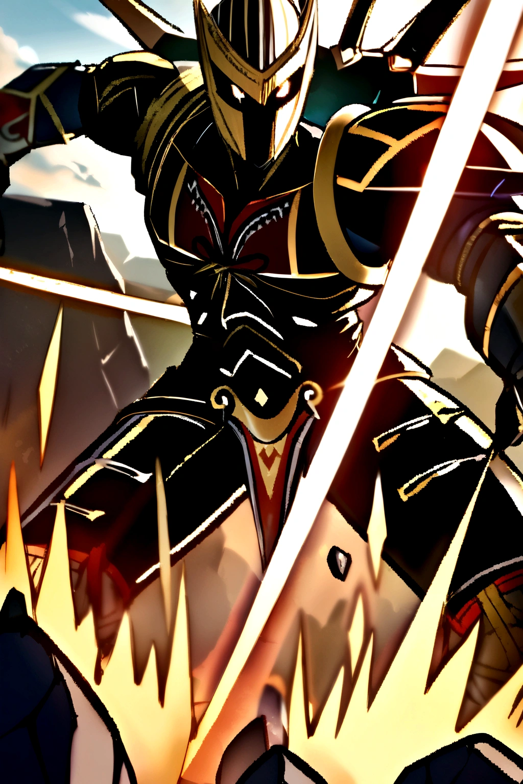 A robot knight with Dayak characteristics is splitting rocks with the power of his saber