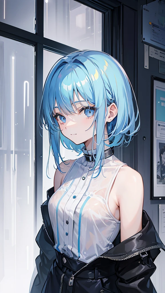 17-year-old woman alone on a rainy day who has light blue hair that is shoulder-length and has honey-colored eyes and a slight smile.