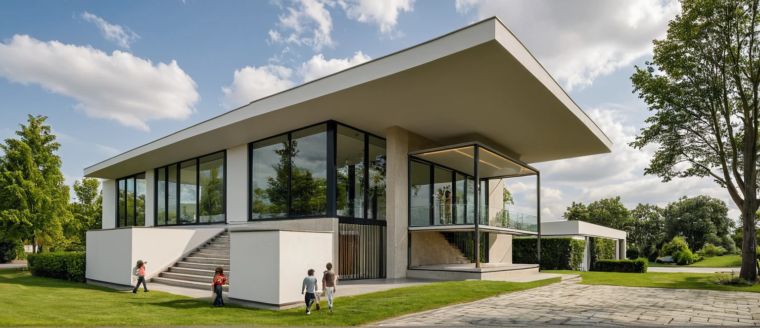 Masterpiece, Villa Tugendhat's style, high quality, best quality, authentic, super detail, outdoors, onestoreyvillaXL, aiaigroup, house style modern on the street ,stairs, white wall ,road,pavement, grass, trees, sky, cloud, (daylight:1.1)
