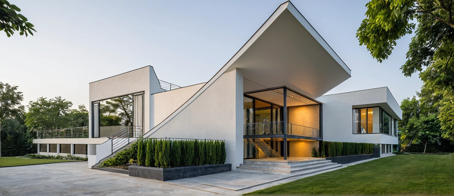 Masterpiece, Villa Tugendhat's style, high quality, best quality, authentic, super detail, outdoors, onestoreyvillaXL, aiaigroup, house style modern on the street ,stairs, white wall ,road,pavement, grass, trees, sky, cloud, (daylight:1.1)