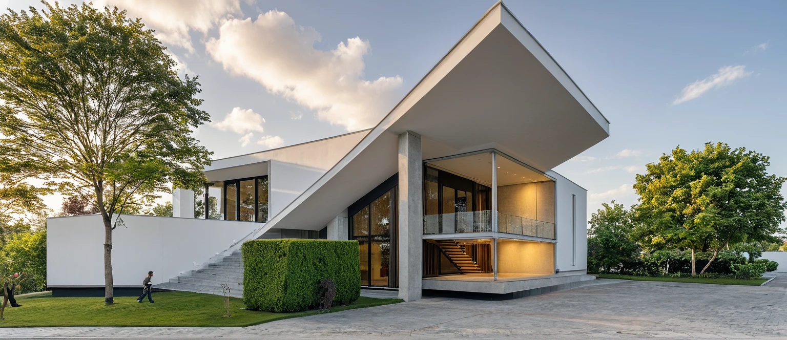 Masterpiece, Villa Tugendhat's style, high quality, best quality, authentic, super detail, outdoors, onestoreyvillaXL, aiaigroup, house style modern on the street ,stairs, white wall ,road,pavement, grass, trees, sky, cloud, (daylight:1.1)

